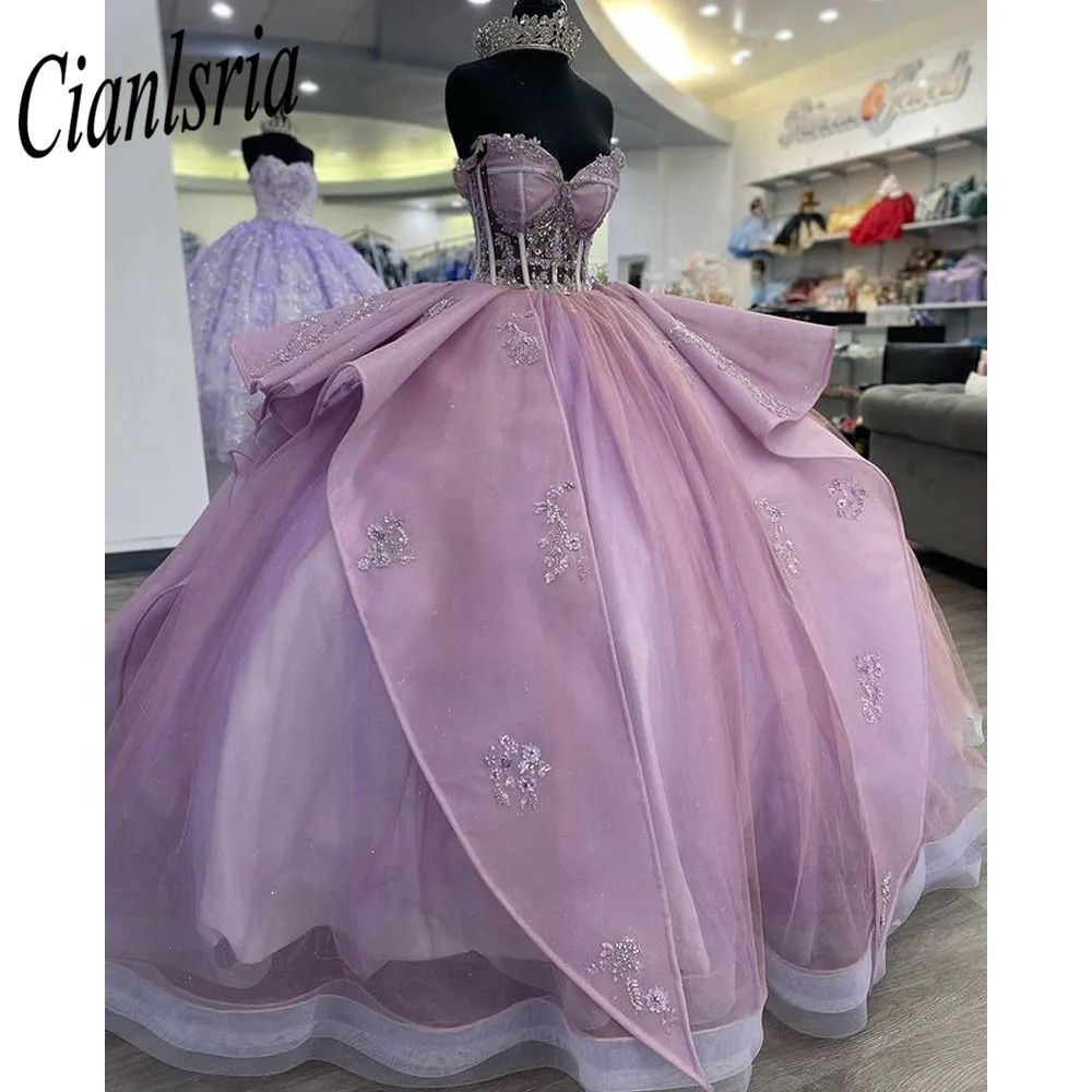 

Сиреневое платье Золушки Quinceanera, бальное платье с кристаллами, украшенное бусинами, женское платье, милое платье 16