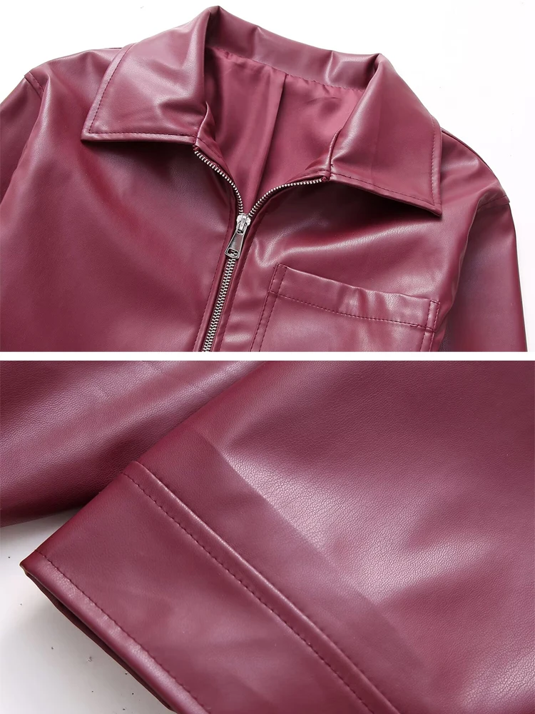 Streetwear Women\'s Faux leather jacket purplish red 2024 Spring Autumn Oversize Zip motorcycle Jackets Lady Coat Fashion 3O370