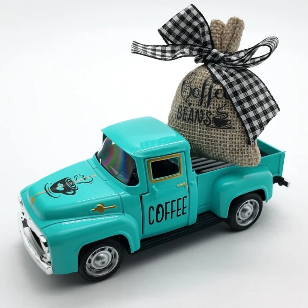 

Diecast Coffee Truck Pickup Retro Classic Model Toys Metal Truck Model Burlap Sack Vintage Mini Coffee Truck Kitchen Decor