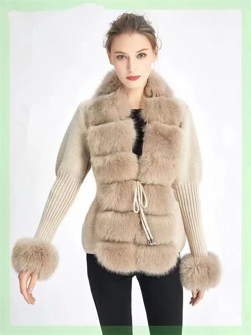 Fashion Fur Coat 2024 Spring NEW Women\'s Cardigan Women Faux Fox Fur Knit Sweater Ladies Elegant Knitted Sweater with Fur Collar