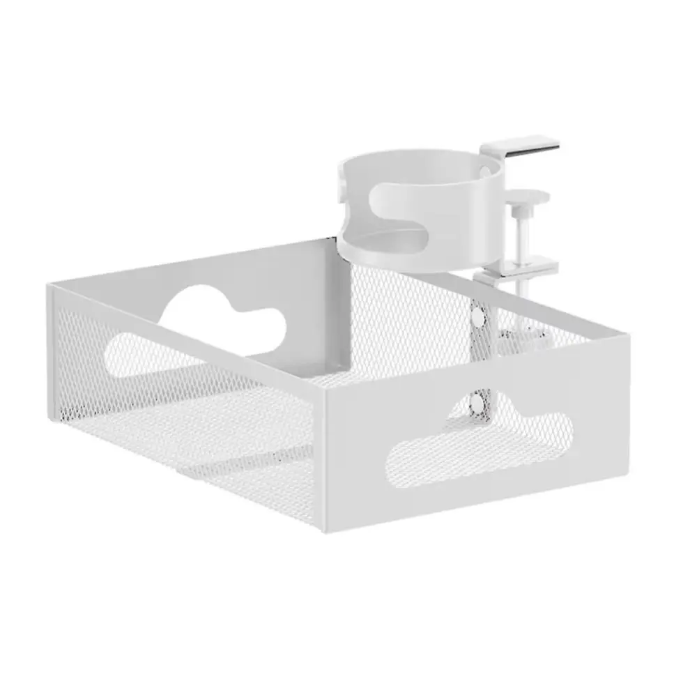 360 Degree Rotating Under Desk Storage Rack No Drill High Load Capacity Desktop Stationery Shelf with Cup Holder Carbon Steel