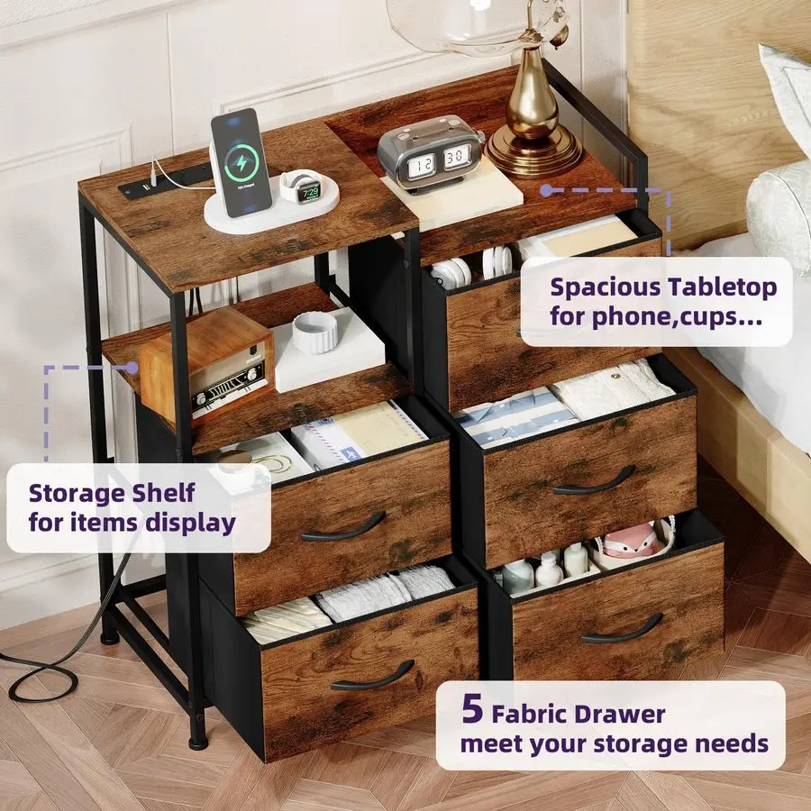 منضدة مع قاعدة شحن وإضاءة LED، خزانة واسعة ذات 5 أدراج لغرفة النوم مع صناديق قماش ورف مفتوح لغرفة النوم K