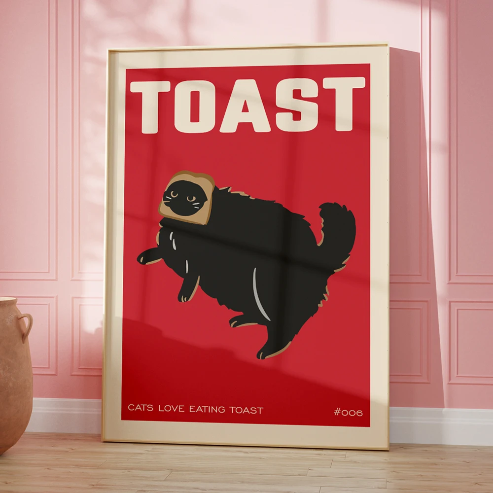 Black Cat Breakfast Toast Lover Gift Cat Doing Things Bread Quotes Wall Art Canvas Painting Posters For Kitchen Room Home Decor