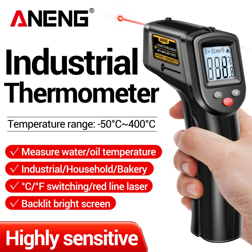 ANENG TH201 Hochempfindliche digitale Infrarot-Messpistole, Hygrometer, Hintergrundbeleuchtung, Bildschirm, Laserpositionierung, berührungslose Temperatur