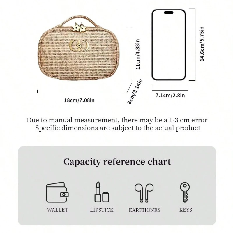 Dior’s bag Golden Shiny Woven Cosmetic Bag CD Metal Logo Star Zipper Head Portable Travel Wash Pouch Perfect Luxury Ladies Gift view 6