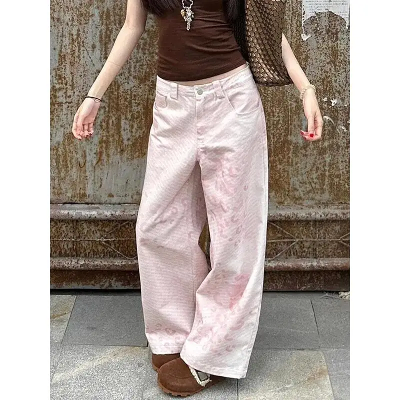

Y2K женские широкие джинсы с высокой талией, винтажные розовые весенне-летние утягивающие очаровательные эксклюзивные женские джинсовые брюки сзади