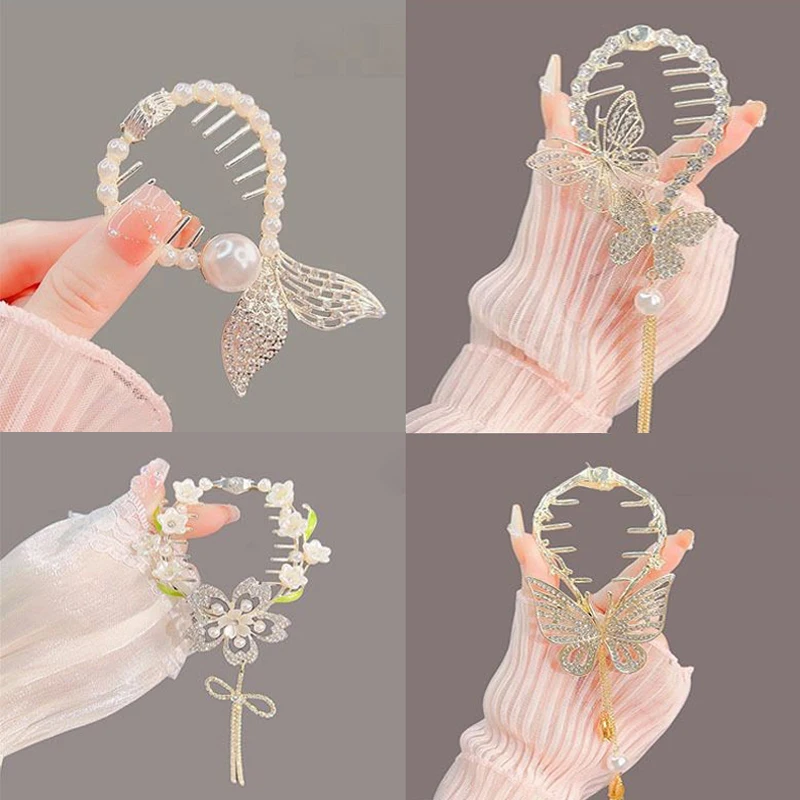 Elegant Tassel Hair Claw Rhinestone Pearl Flower Tassels Hair Clip Women Girl Ponytail Holder Hairpins Fringe Hair Accessories