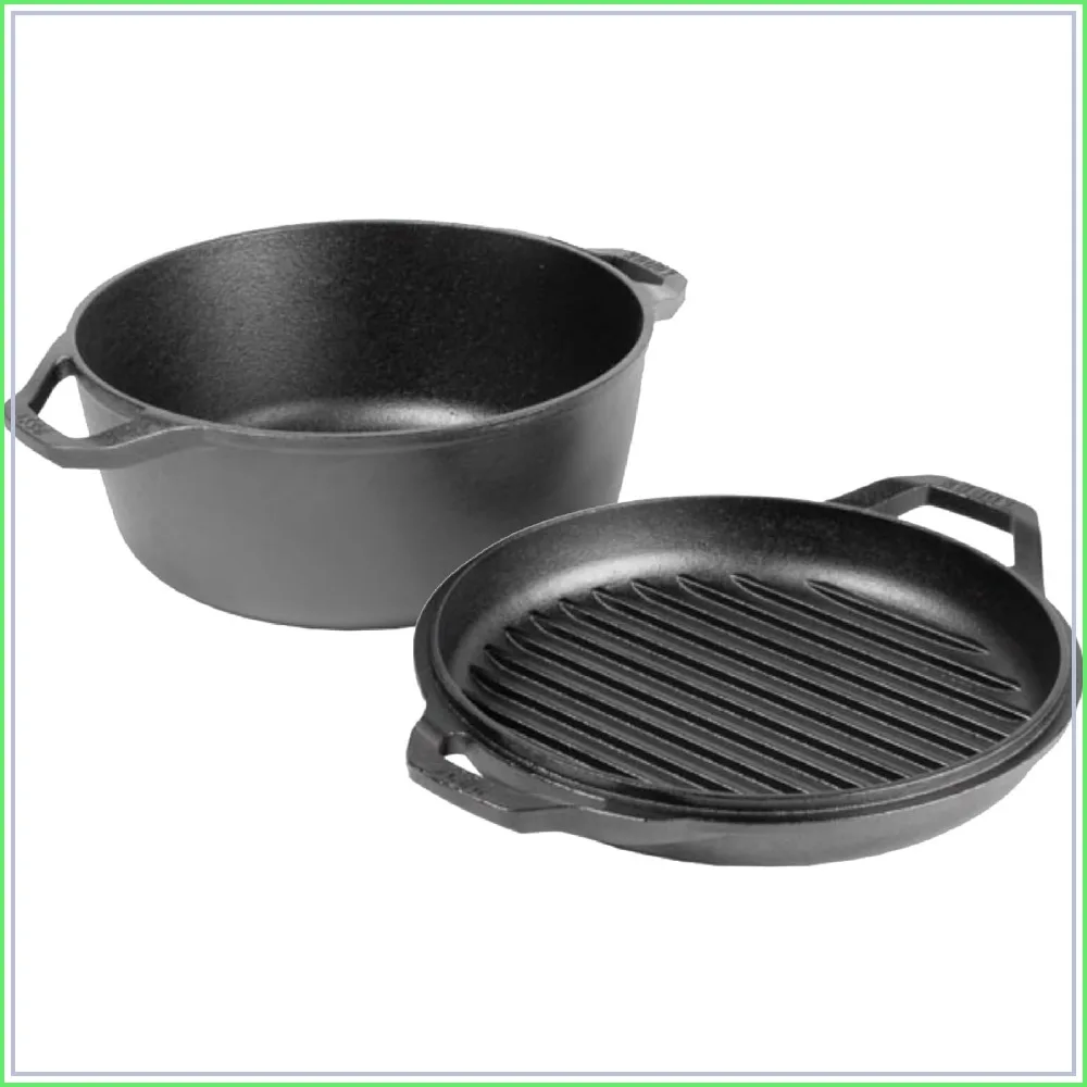 

6qt Double Dutch Oven - Cast Iron Pot with Grill Pan Lid, Pre-Seasoned