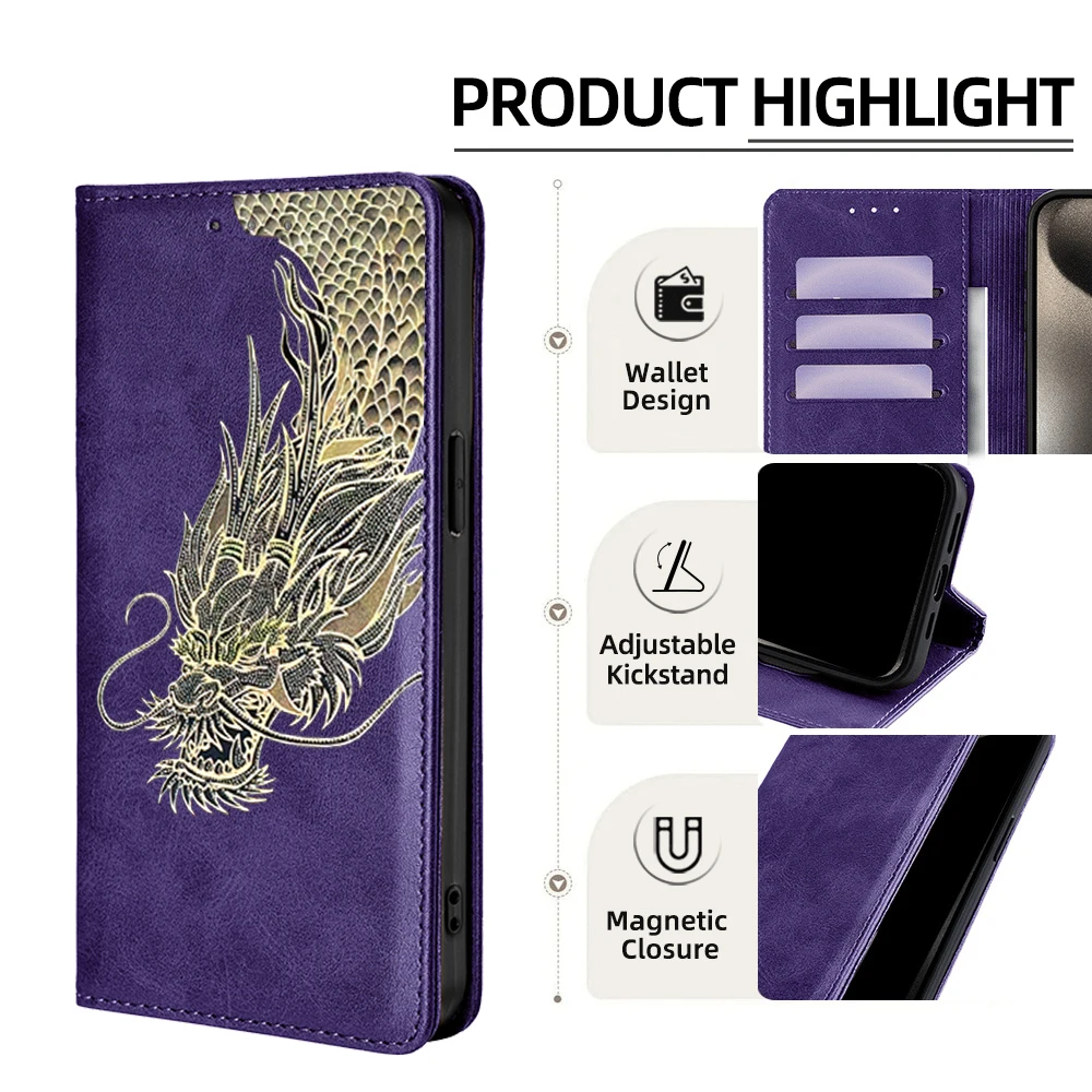 حافظة محفظة بنمط التنين من الجلد المغناطيسي لهاتف موتورولا G86 G56 G75 G55 G45 G35 G85 G84 G64 G04S G34 G05 G54 G15 G06 غطاء الطاقة #2