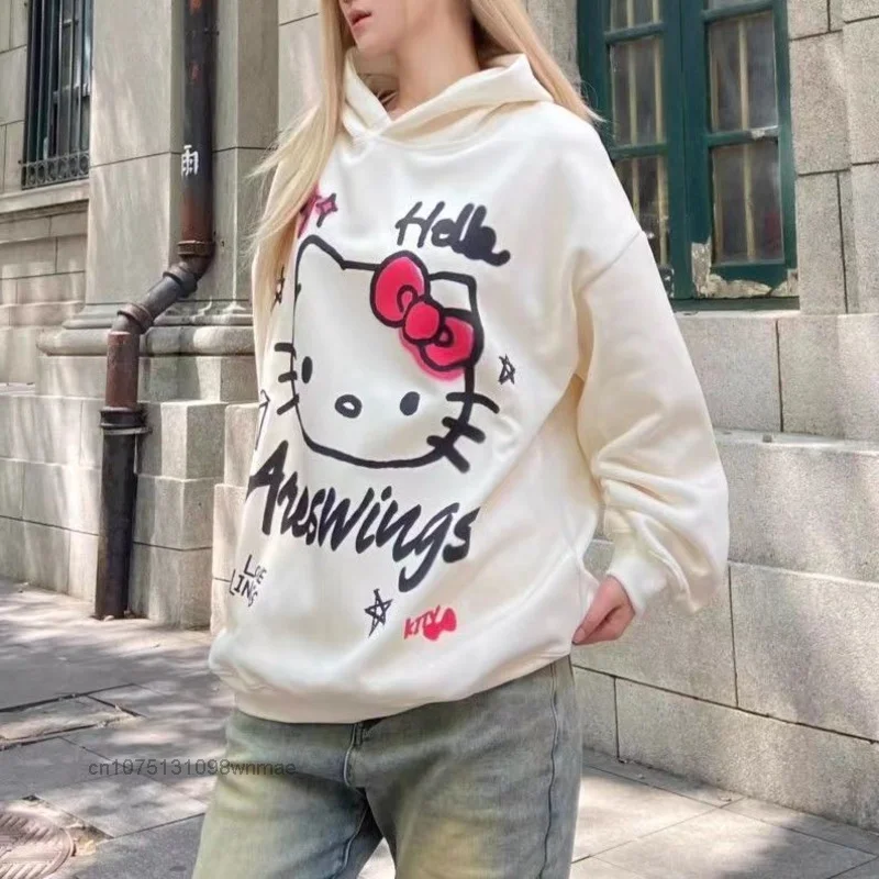 Sanrio Hello Kitty Hooded Sweater for Women, Cotton Chic, American Cute Print, Casual Pullovers, Versatile Top, Ins Autumn Cloth