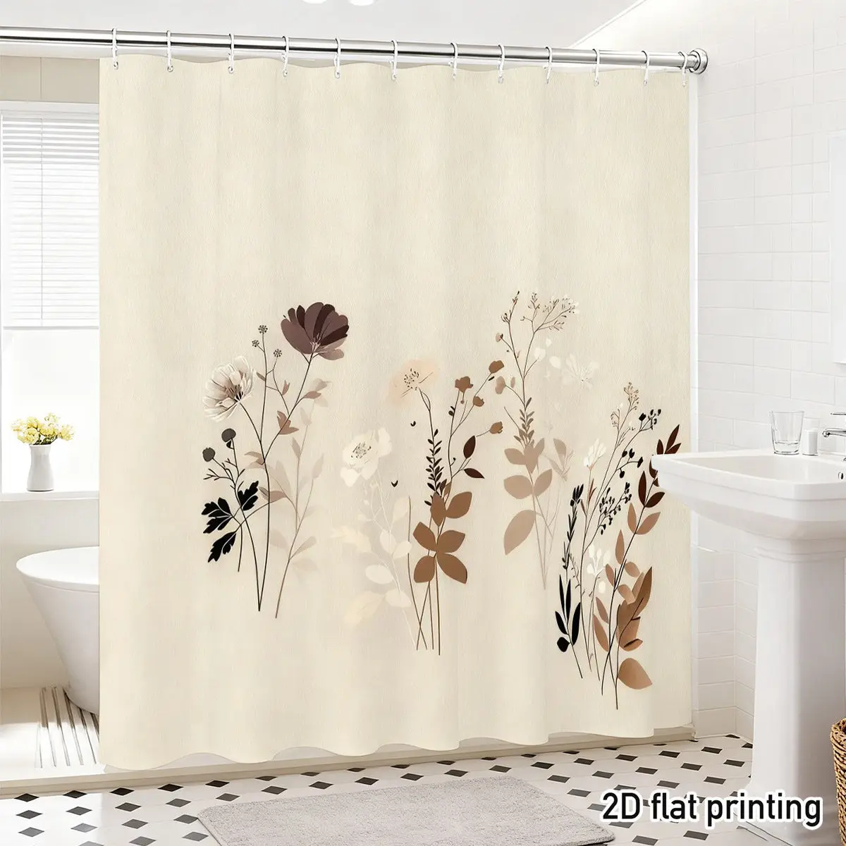 Neutral Floral Shower Curtain – Abstract Dried Flowers in Brown & Beige, 2D Flat Print, Fade-Resistant Polyester, 12 Hooks