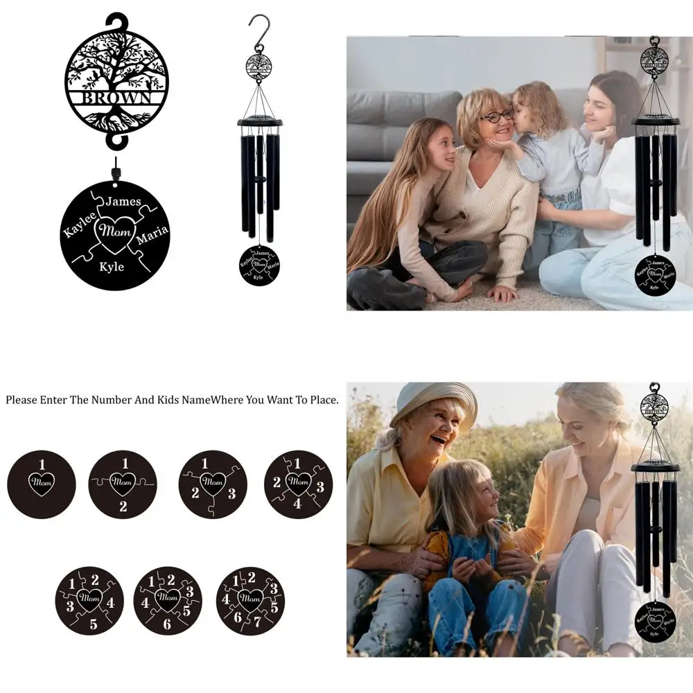 Campanas de viento de árbol de la vida grabadas personalizadas de 37 pulgadas: regalo perfecto para el día de la madre de los niños