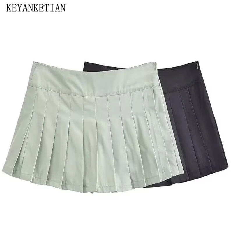 KEYANKETIAN 2025 New Women's Nylon Pleated Skirt Preppy Style Side Zipper High Waist Solid color A Line Mini Skirt Pantskirt