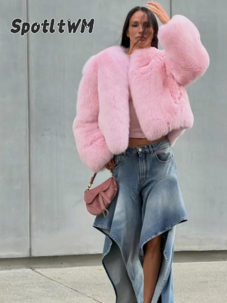 Women Pink Faux Fur Cropped Shawl Jacket Women's Round Collar Full Sleeve Short Fuzzy Coat 2026 Winter New Fashion Lady Outfits