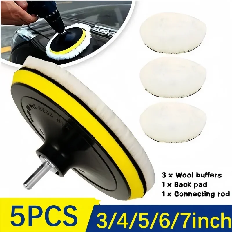 5Pcs 3/4/5/6/7 Inch Wool Car Polishing Pad Set For Polisher Machine Waxing Polishing Buffing Wheel Auto Paint Care Polisher Pads