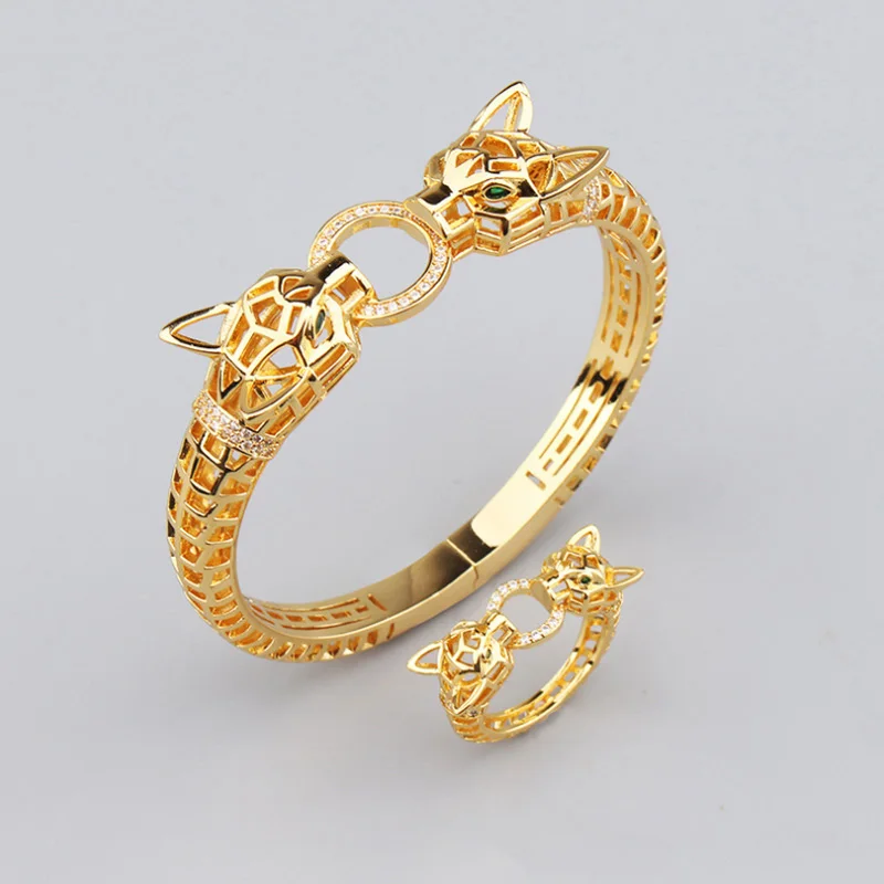 

European and American Fashion Double-Headed Leopard Titanium Micro-Inlaid AAA Zircon Creative Bracelet Ring Set