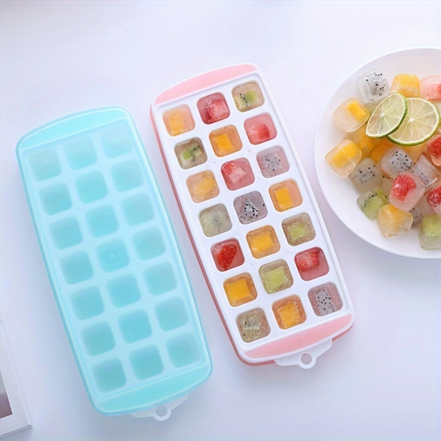 21 그리드 아이스 큐브 트레이 식품 보충 상자 용 뚜껑이있는 식품 등급 실리콘 아이스크림 몰드