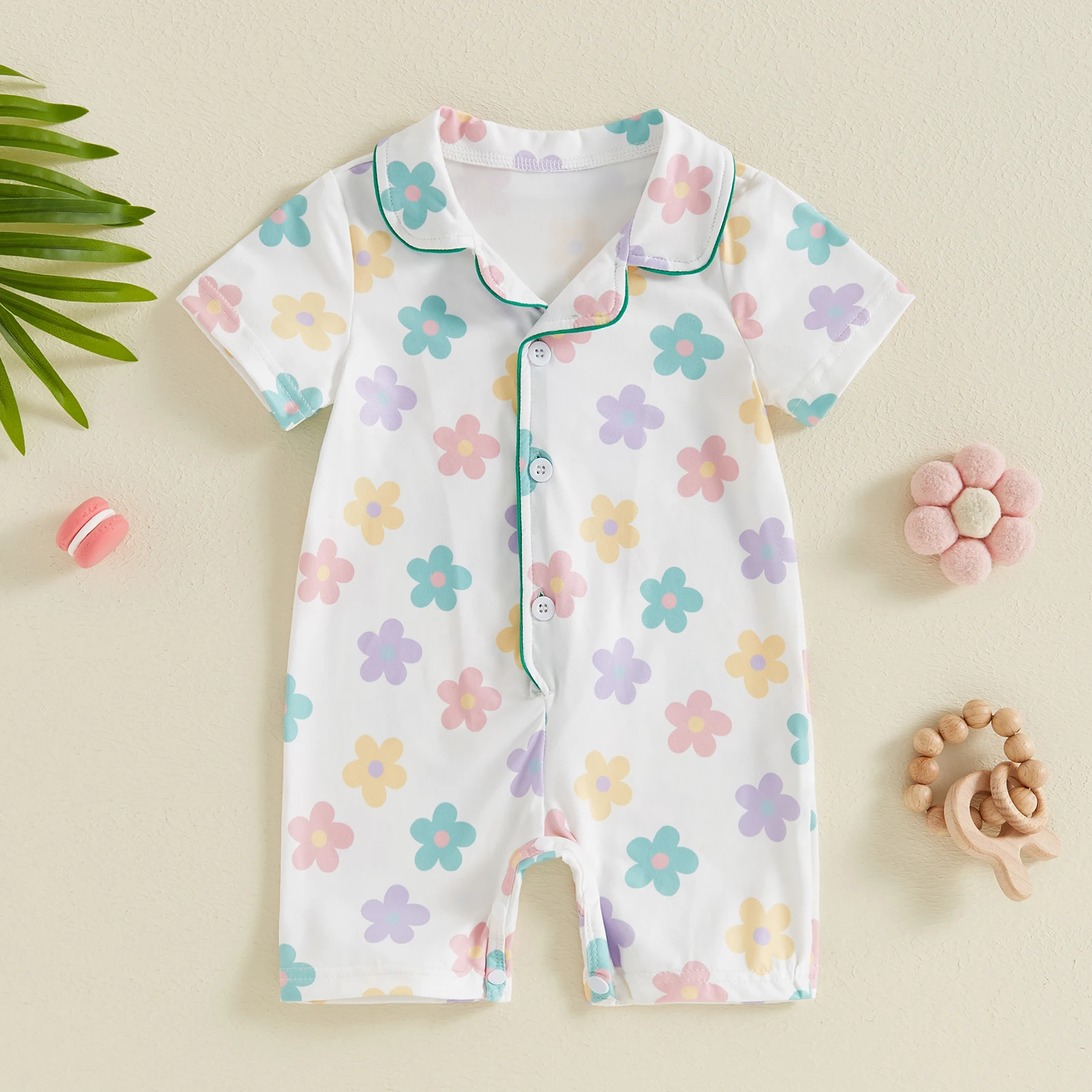 

Infant Baby Boys Girls Pajamas Rompers Summer Tractor/Flower Print Turn-Down Collar Jumpsuit Short Sleeve Sleeping Clothes