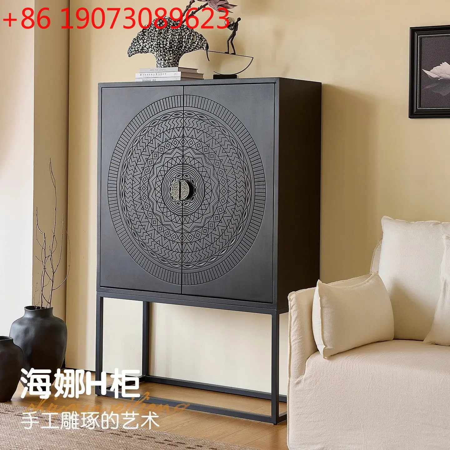 

Medieval solid wood living room dining side cabinet, black retro entrance storage stand cabinet, silent carved decorative