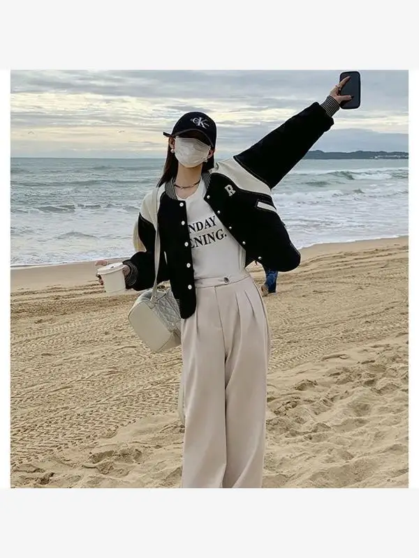 Nouvelle arrivée : Blouson de baseball pour femme en polaire épaisse, style américain, pour l'automne et l'hiver, vêtement d'extérieur de haute qualité