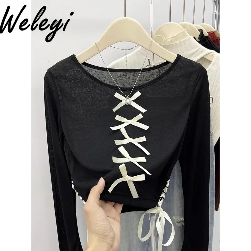 

Sweet Sexy Girl Thin Bandage Black Bow Crop Top Ladies Spring Clothes Autumn Women's Lace-up Long Sleeve Short Bottoming T-Shirt