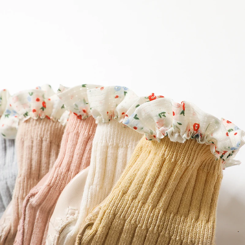 2023 Baby Girls Spring New PU Sole Floor Socks Non-Skid Infant Toddler Lace Socks Shoes Princess High Quality Cotton Baby Shoes