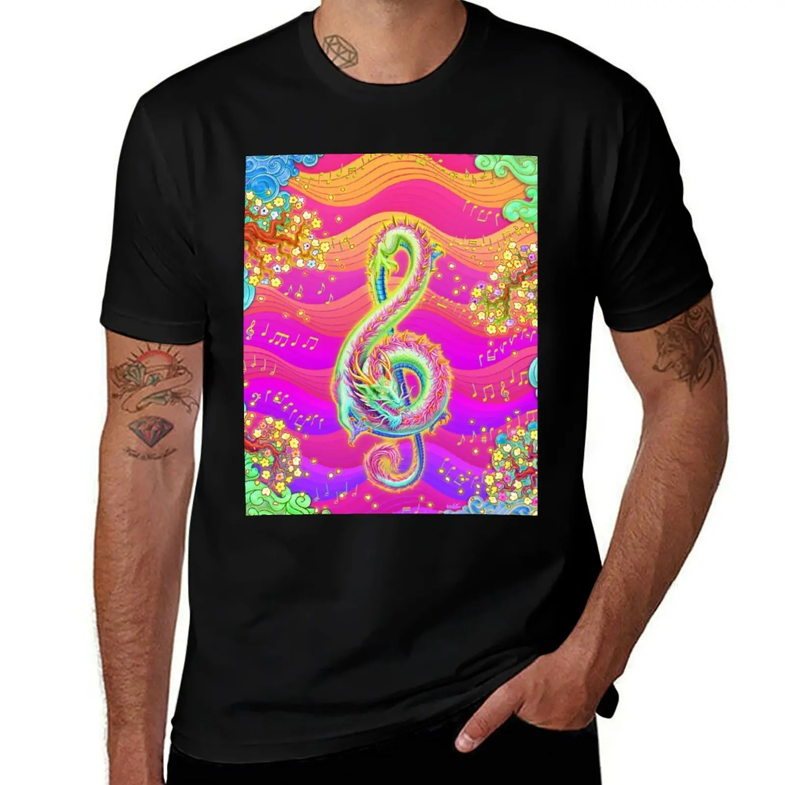 Treble Clef - Music Dragon - Neon Decora T-Shirt Trendy Casual Short Sleeve Shirt T-Shirt
