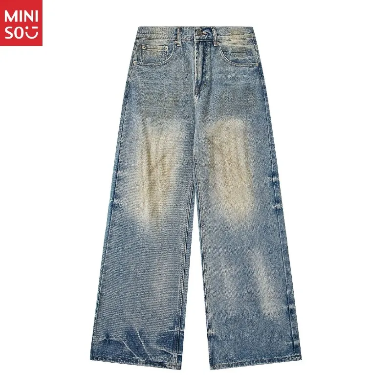 

Miniso Distressed Wash Straight Leg Jeans Unisex Loose Wide Pants Versatile Slimming Couple Casual Kids Jeans