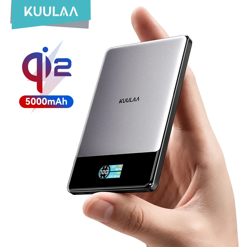 

Магнитный внешний аккумулятор KUULAA Qi2 5000 мАч, беспроводная зарядка 15 Вт, проводная зарядка 22.5 Вт, сертифицирован Qi2 для iPhone 17, 16, 15, 14, 13 Pro Max