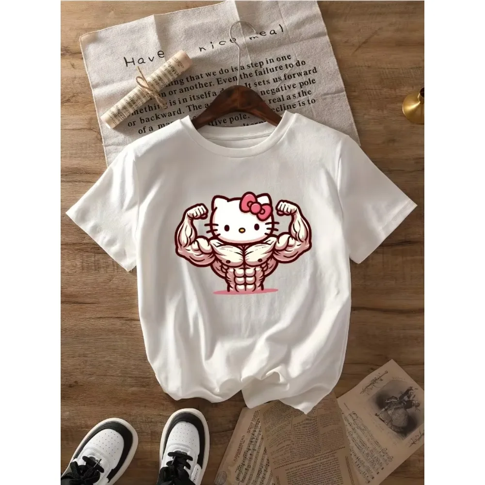 تي شيرت MINISO Hello Kitty بنمط العضلات للرجال والنساء بنمط كرتوني وأكمام قصيرة مناسب لجميع المواسم بنمط كاجوال قابل للتنفس