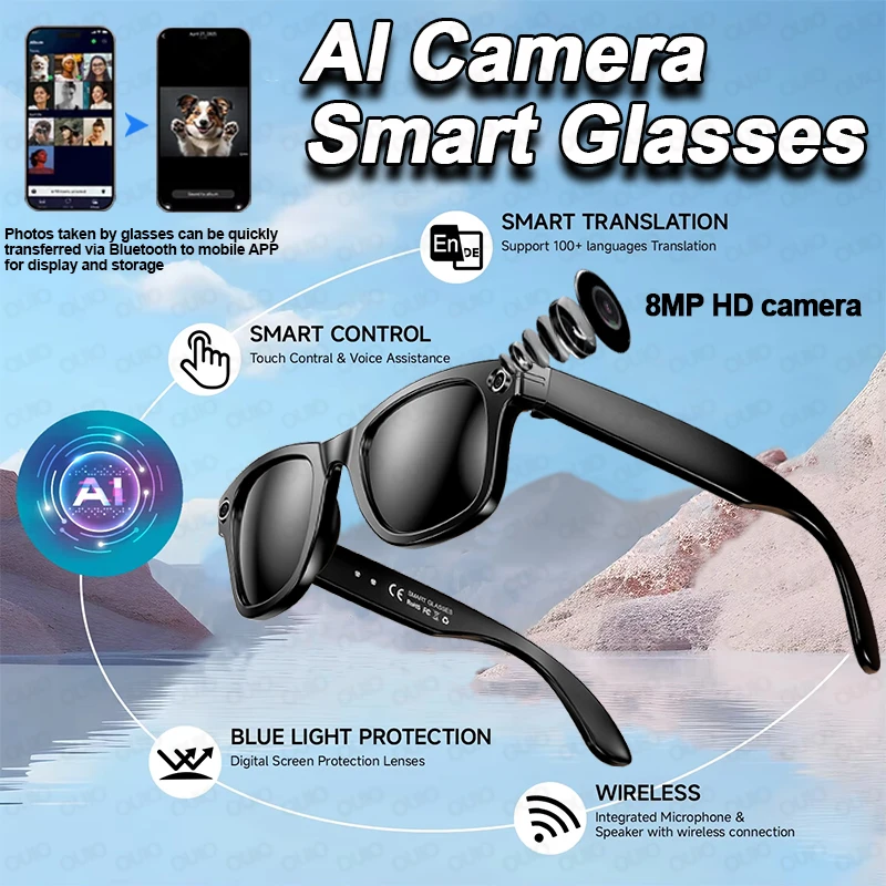 

New Smart Camera Glasses Video Recording Sunglasses Voice Assistant BT Call Music Sound Record WIFI Transmission Smart Glasses