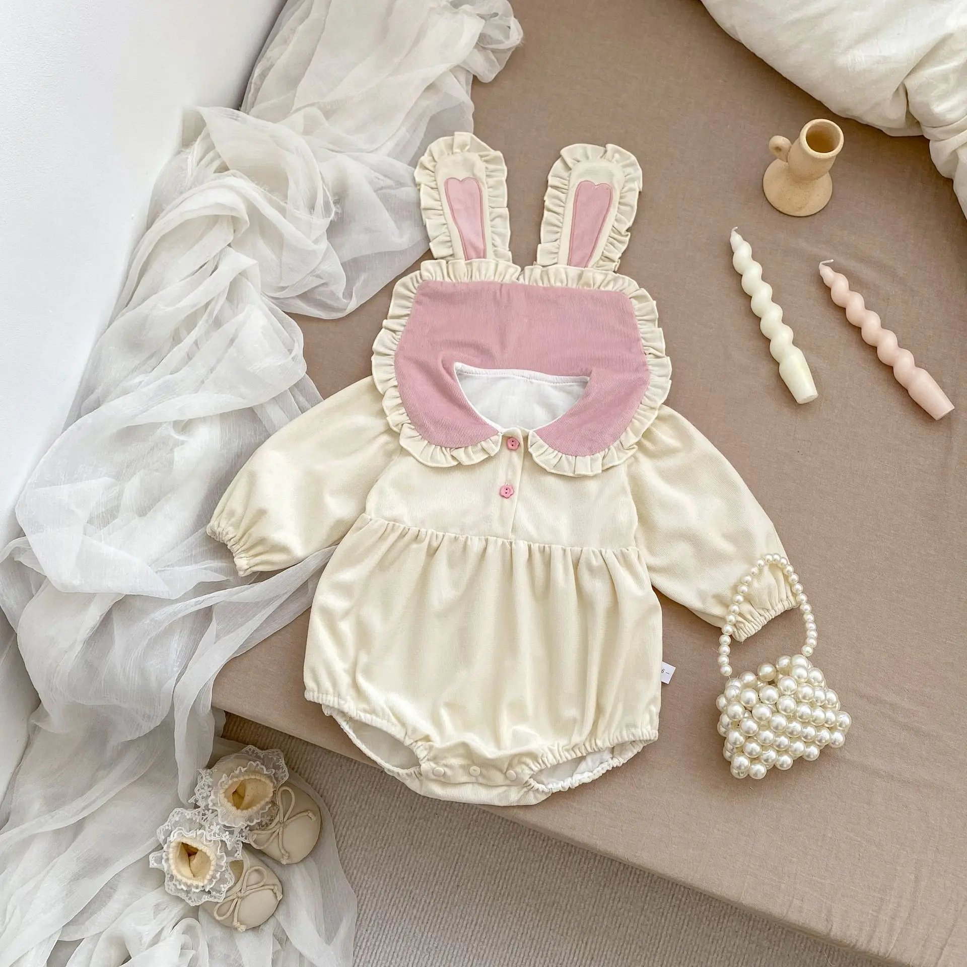 

2025 Autumn New Baby Long Sleeve Bodysuit Cotton Infant Girls Cute Rabbit Ears Big Lapel Jumpsuit Newborn Toddler Clothes 0-24M