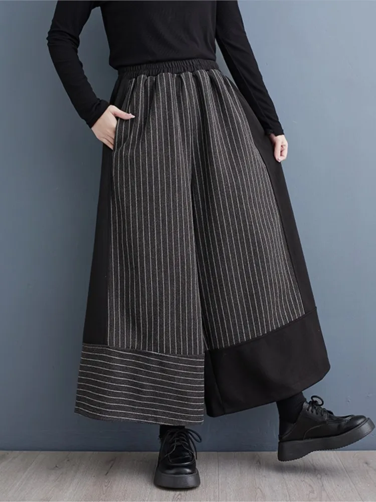 Oversized Striped Print Spring Pants Women Wide Leg Loose Pleated Ladies Trousers Elastic High Waist Fashion Casual Woman Pants