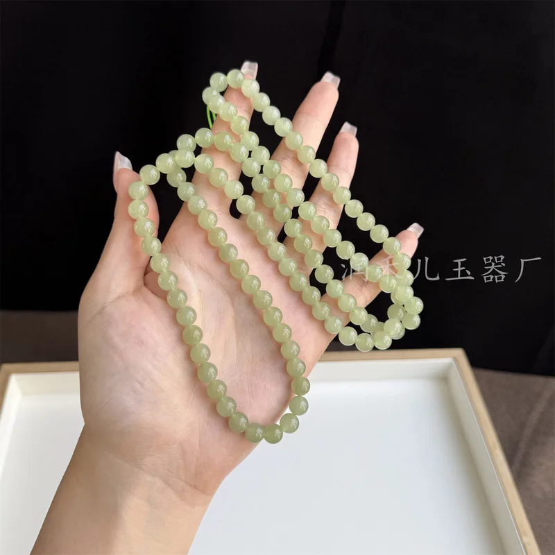 -Bottom Hetian Jade 8Mm 108 Beads Necklace, Light Lake Green Multi-Loop Bracelet Bead Chain