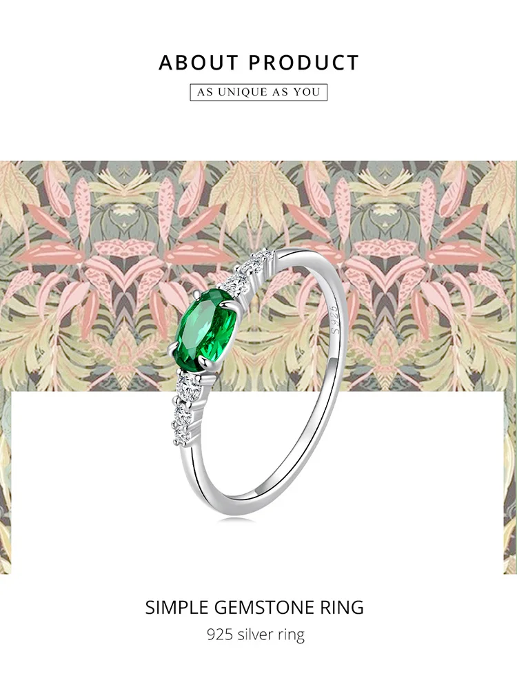 BAMOER 925 Sterling Silver Oval Gemstone Ring for Women Green Pink Zirconium Prongs Setting Ring Wedding Bridal Jewelry Gift