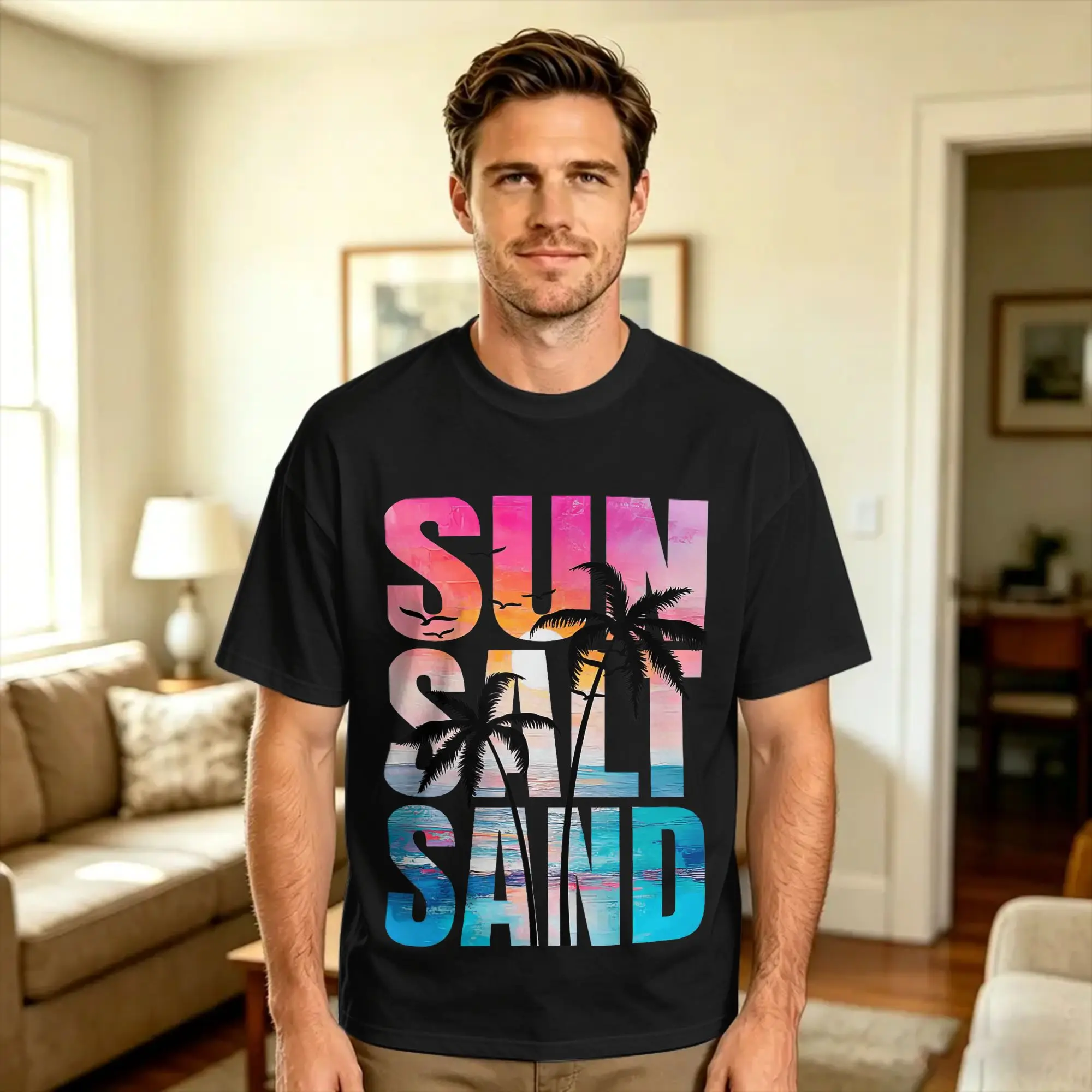 Vintage Summer Sun Salt Sand Palm Tree Sunset Beach Vacation T Shirt Beach  Pure Cotton T Shirts For Man Casual Tshirt