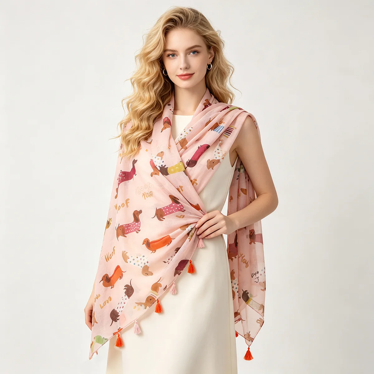 Women Cute Dachshund Dog Print Tassel Scarf Lightweight Cartoon Animal Pattern Fashion Shawl Casual Wrap Scarves 88x180cm