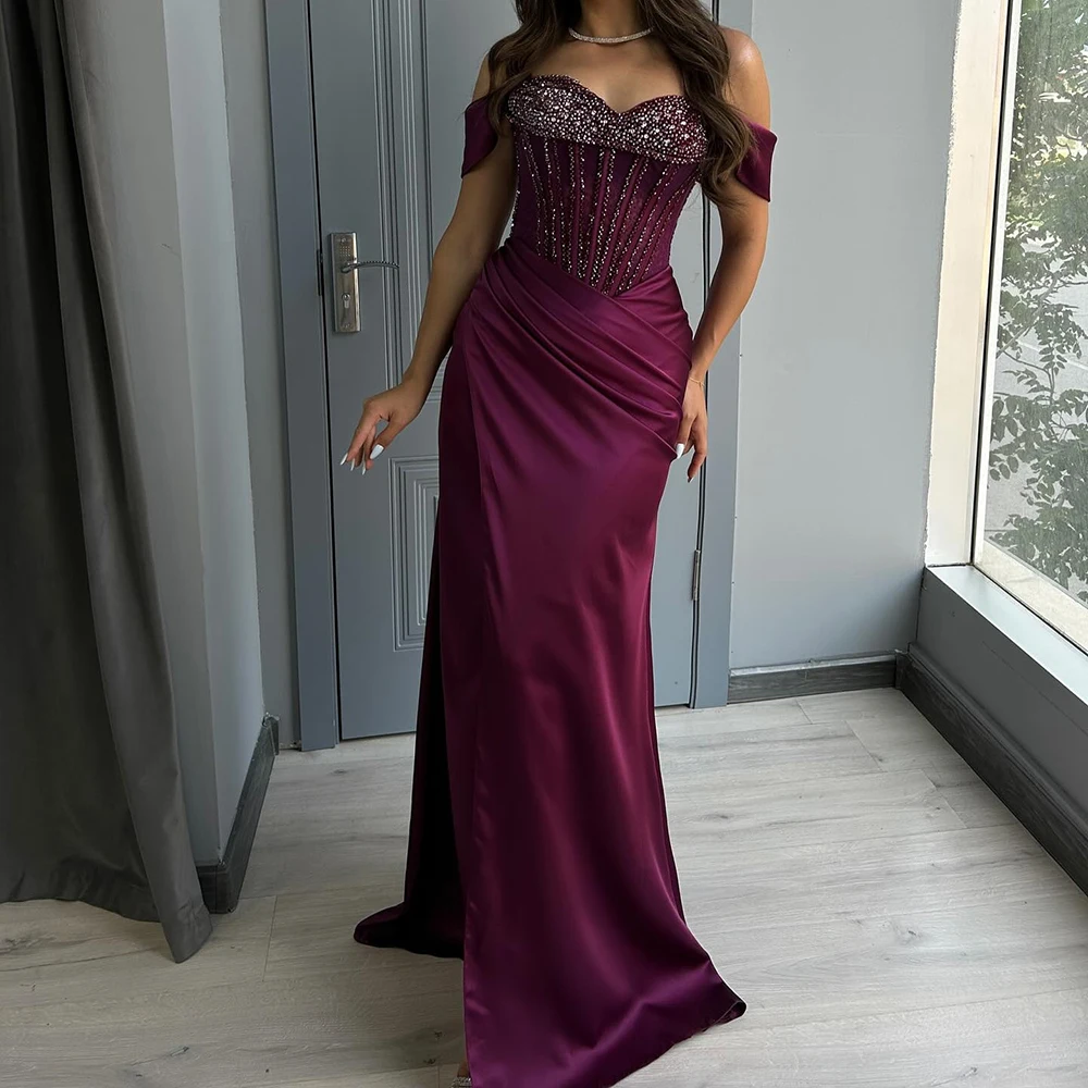 

Customized A-line Evening Dresses Floor-length Off The Shoulder Sleeveless Prom Gown Fashion Crystal Beading Draped Party Gown