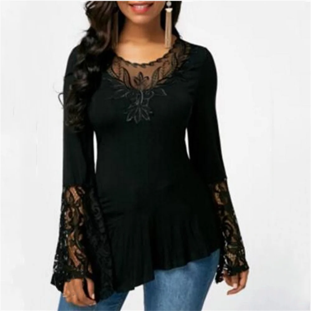 2022 Autumn New Fashion Blouse Tops Women Long Sleeve Lace Patchwork Blouse Ladies Casual Sexy O-Neck Solid Color Street T-Shirt