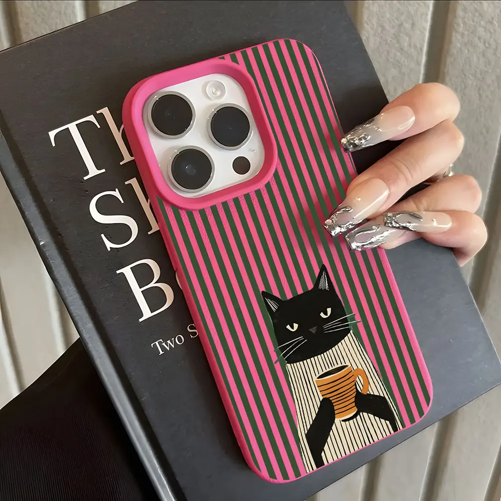 Lustiges Kaffee-Katzen-Muster Lychee Soft Handyhülle für iPhone 17 16 15 14 13 12 11 Pro Max 15 Plus 17 Air X Xs XR Stoßfeste Hülle