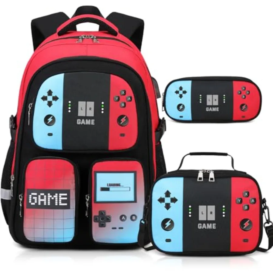 

Gamer Backpack for Boys, 3PCS Boys Backpack with Lunch Box and Pencil Pouch, Waterproof School Bags for Boy Teens, Elementary M
