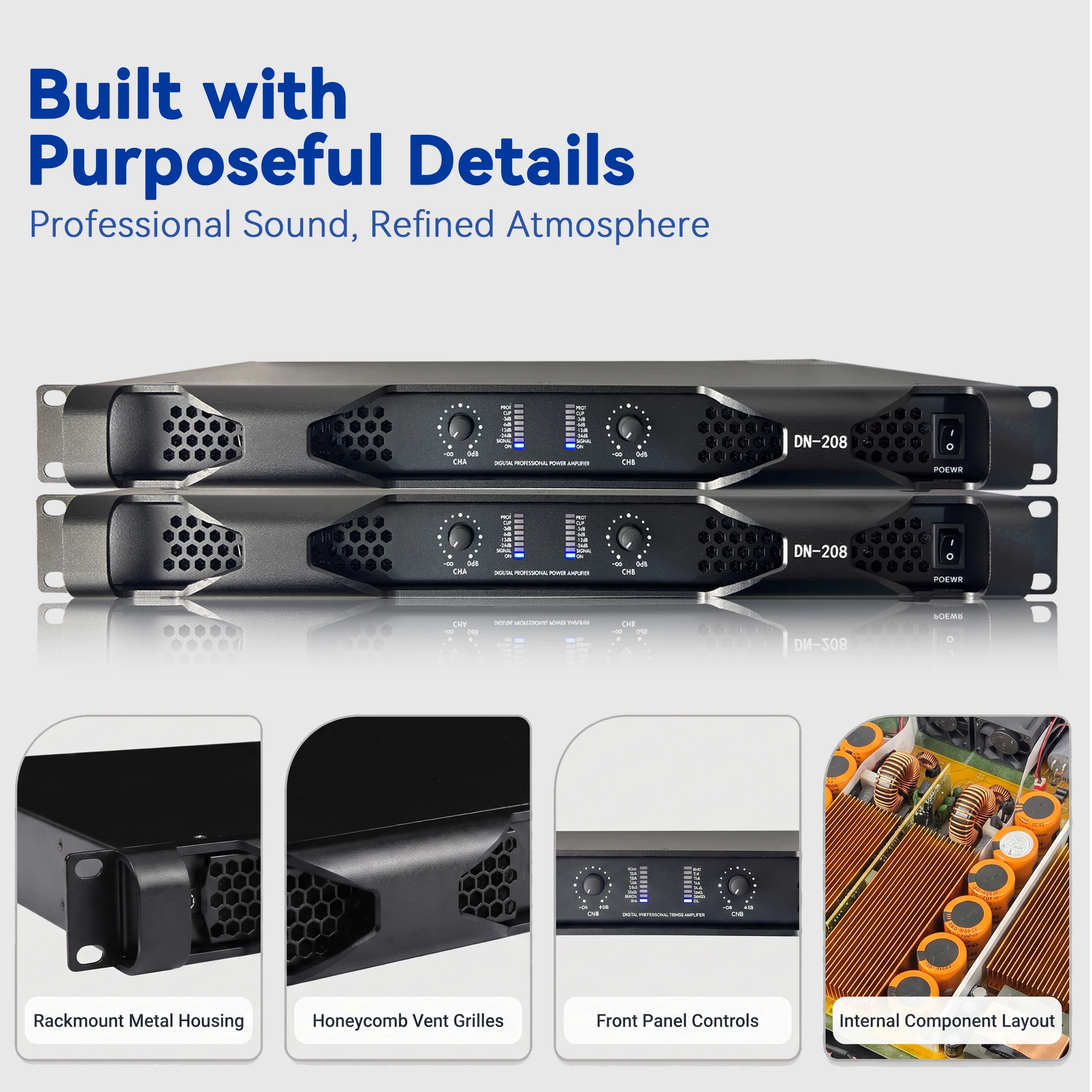 Paulkitson DN208 2‑Channel Professional Power Amplifier Class‑D 2Ω 2×1600W High Power Amp for Stage Concert Live Speaker System