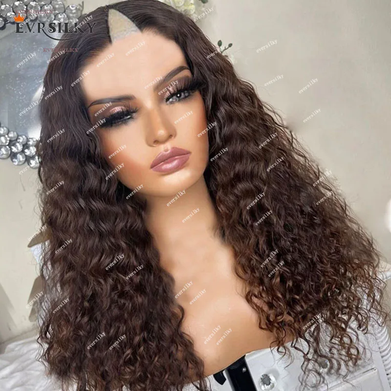 

Ombre Caramel Brown Kinky Curly V Part Wigs Black Roots Remy Virgin Hair Natural V Shape Wig with Clip for Women 250Density