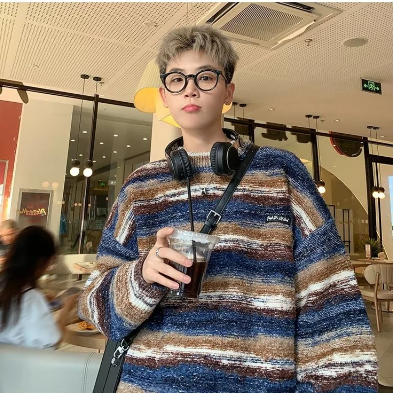 Harajuku Striped Sweater Men Gradient Color Block Retro Round Neck Knitwear Loose Elastic Embroidery Long Sleeved Pullover Male - Image 6