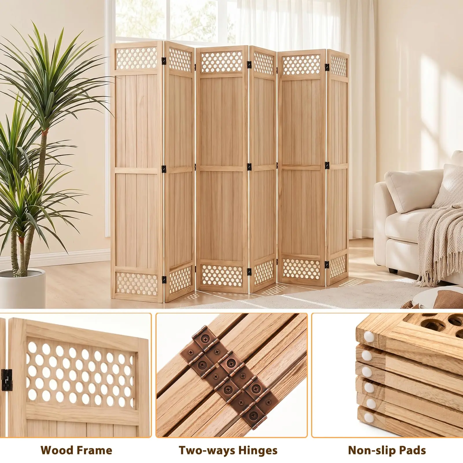 Wood Room Divider Privacy Sn, Natrual Carved Room Divider 6 Panel 67