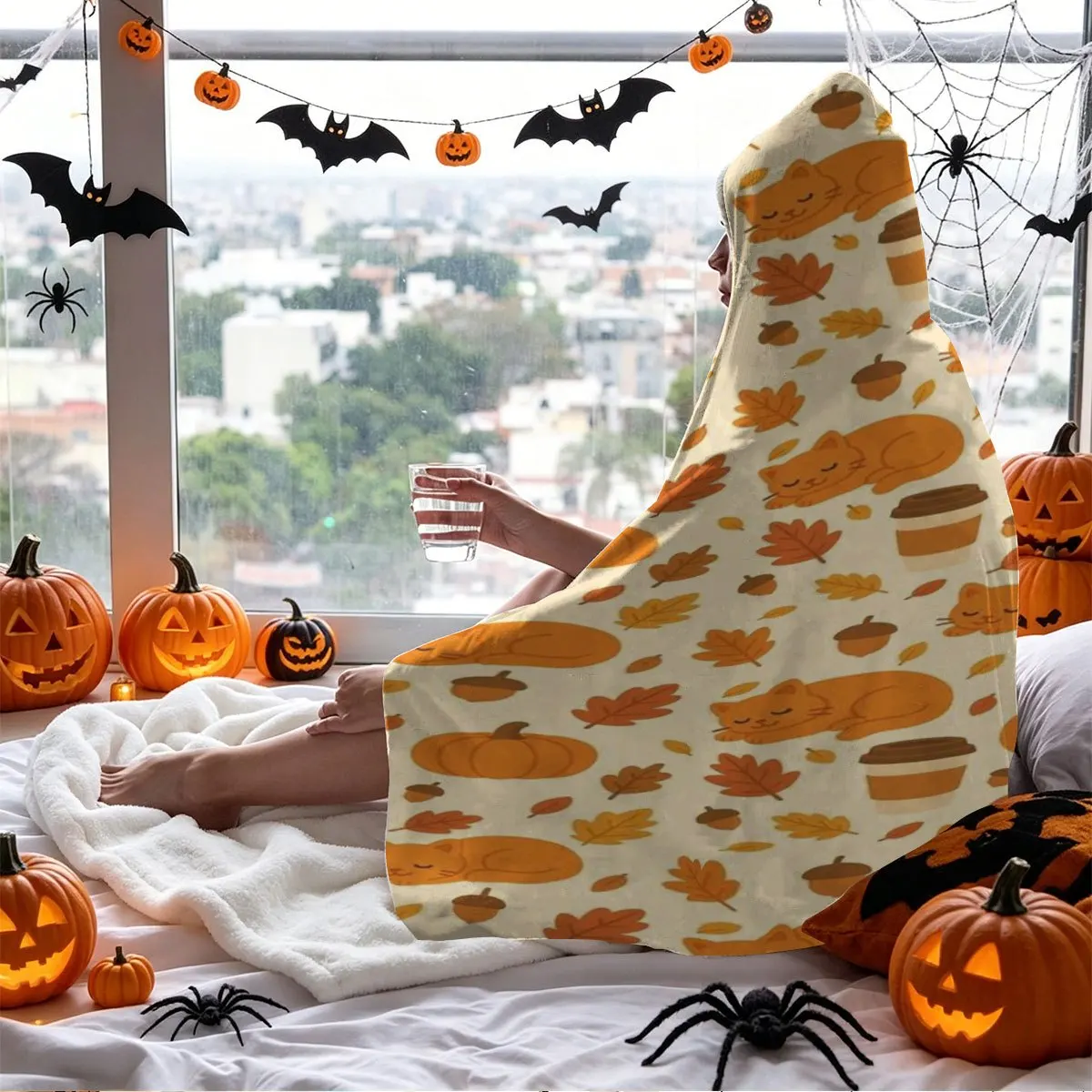 Warm Orange Autumn Pumpkin, Lazy Cat, Maple Leaf, and Coffee Themed Flannel Hooded Blanket, a Wearable Blanket