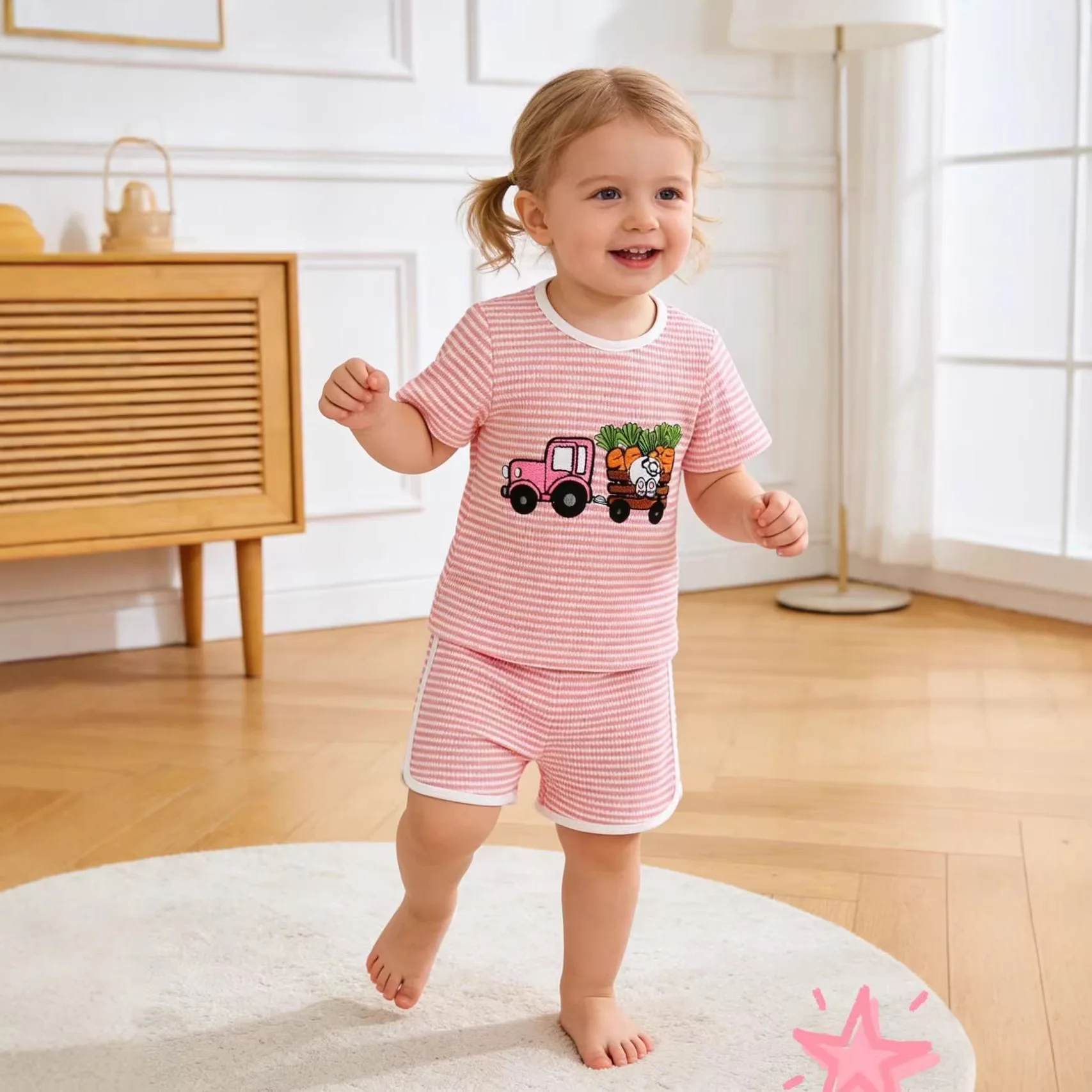 Summer unisex baby and toddler Easter carrot embroidered striped short-sleeved T-shirt and shorts two-piece set