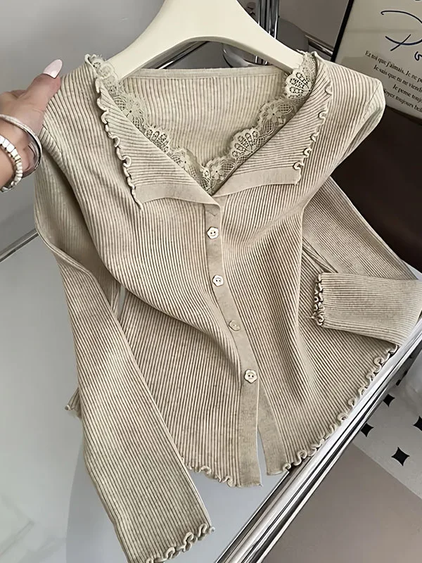 plus Size Women's Lace Splice V-Neck Long Sleeve Knitted Sweater Slimming Black Autumn Top for Plump MM Meat Concealing