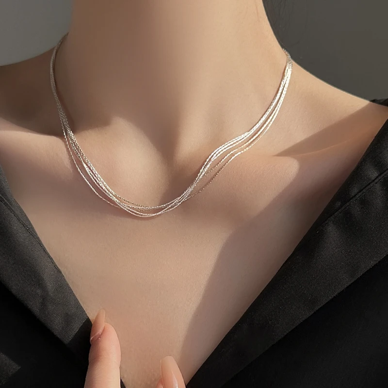 New S925 Sterling Silver Multilayer Exquisite Snake Chain Choker Necklace Simple Women's Wedding Gift Boutique Fine Jewelry