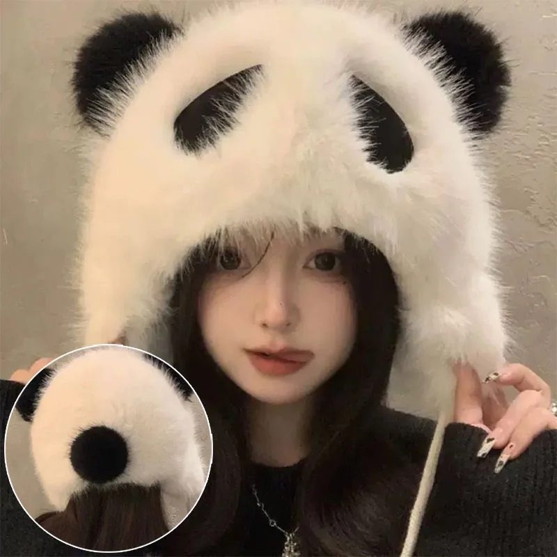 Winter Panda Plush Hat Outdoor Cycling Ear Protection Hats Thickened Warm Hat Casual Fleece Girls Hat Women\'s Warm Caps Gifts